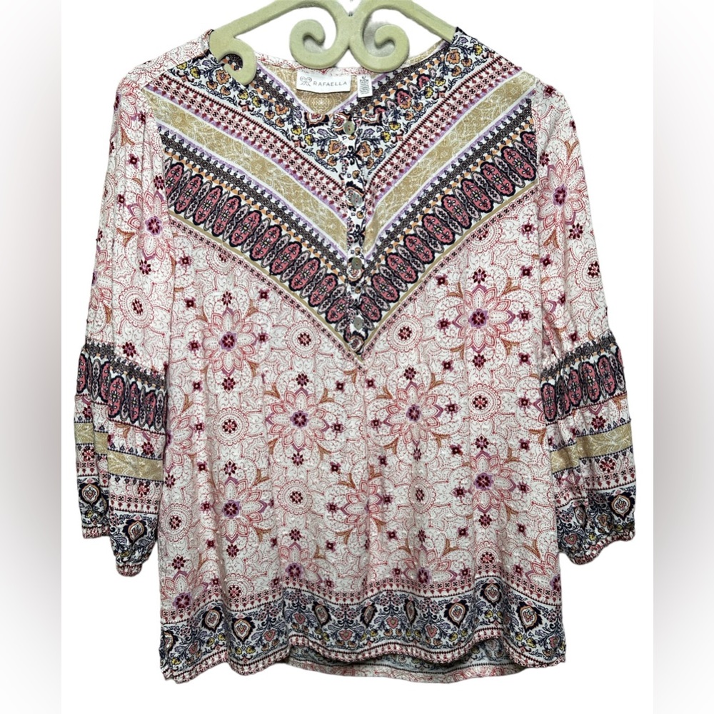 Women’s~Small/Petite~Rafaela blouse. Pinks, white, blues, tan! V~neck w/buttons